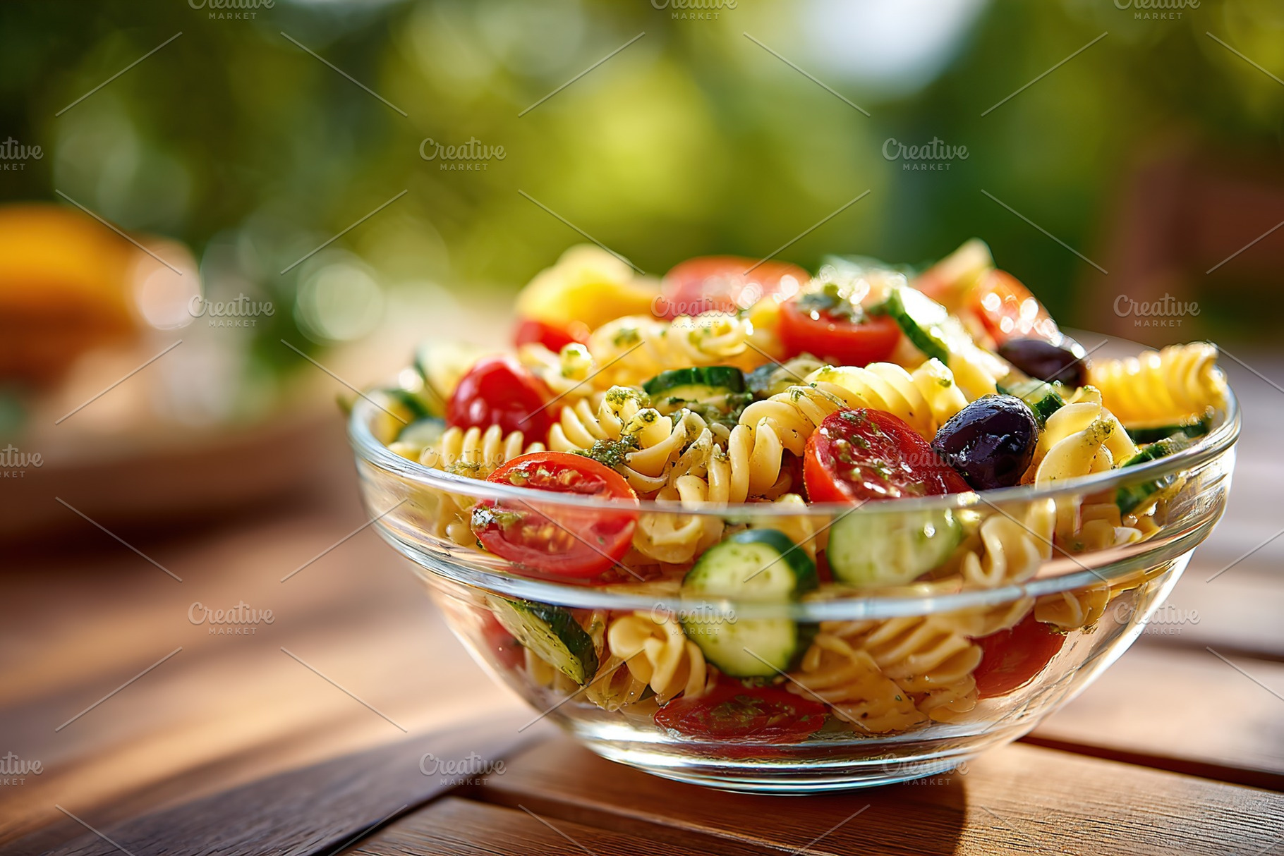 Fresh pasta salad with olives and cherry tomatoes in a sunny out, a Food & Drink Photo by AlyaAnd