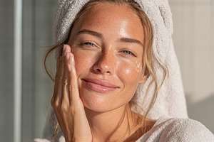 Woman Applying Skincare Product with Towel on Head, a Person Photo by AlyaAnd