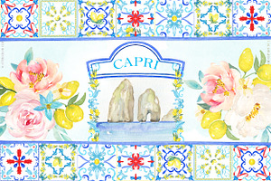 Capri Italy Watercolor Clipart Tiles