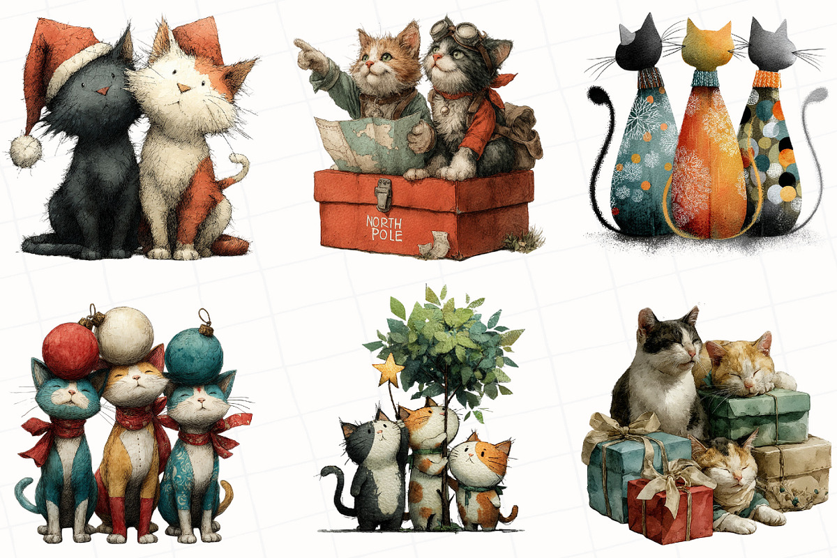 Whimsical Christmas Cats Clipart, an Illustration by OK Design (Photo 2 of 5)