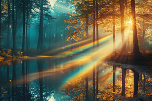 A serene forest scene at sunrise, with sunlight filtering through trees and ref, a Photo by Textures & Backgrounds