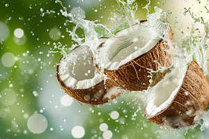 Fresh ripe coconuts falling in water with splashes on blurred green background, a Food & Drink Photo by AlyaAnd