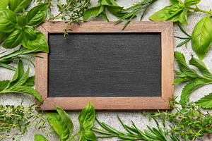 Fresh herbs framing empty chalkboard on gray stone background, a Food & Drink Photo by Olena Rudo