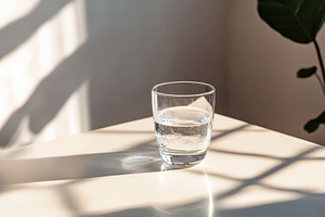 Glass of water on a table with soft, a Photo by Tanuart