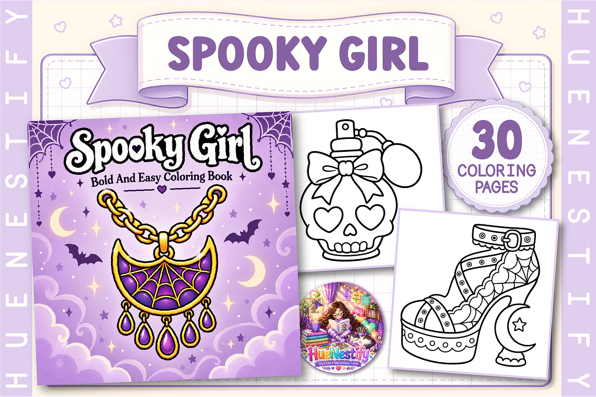 Spooky Girl Coloring Book, a Seasonal Illustration by HueNestify (Photo 1 of 4)