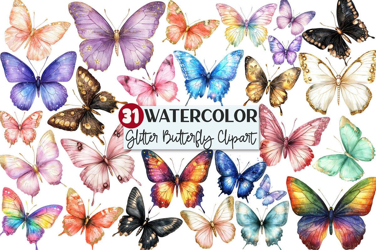 Watercolor Glitter Butterfly Clipart, an Illustration by Rose Art (Photo 1 of 7)
