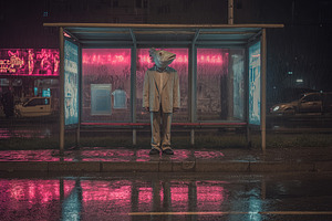 Person in a fish mask and suit standing at a bus stop under neon, an Abstract Photo by Ales Munt