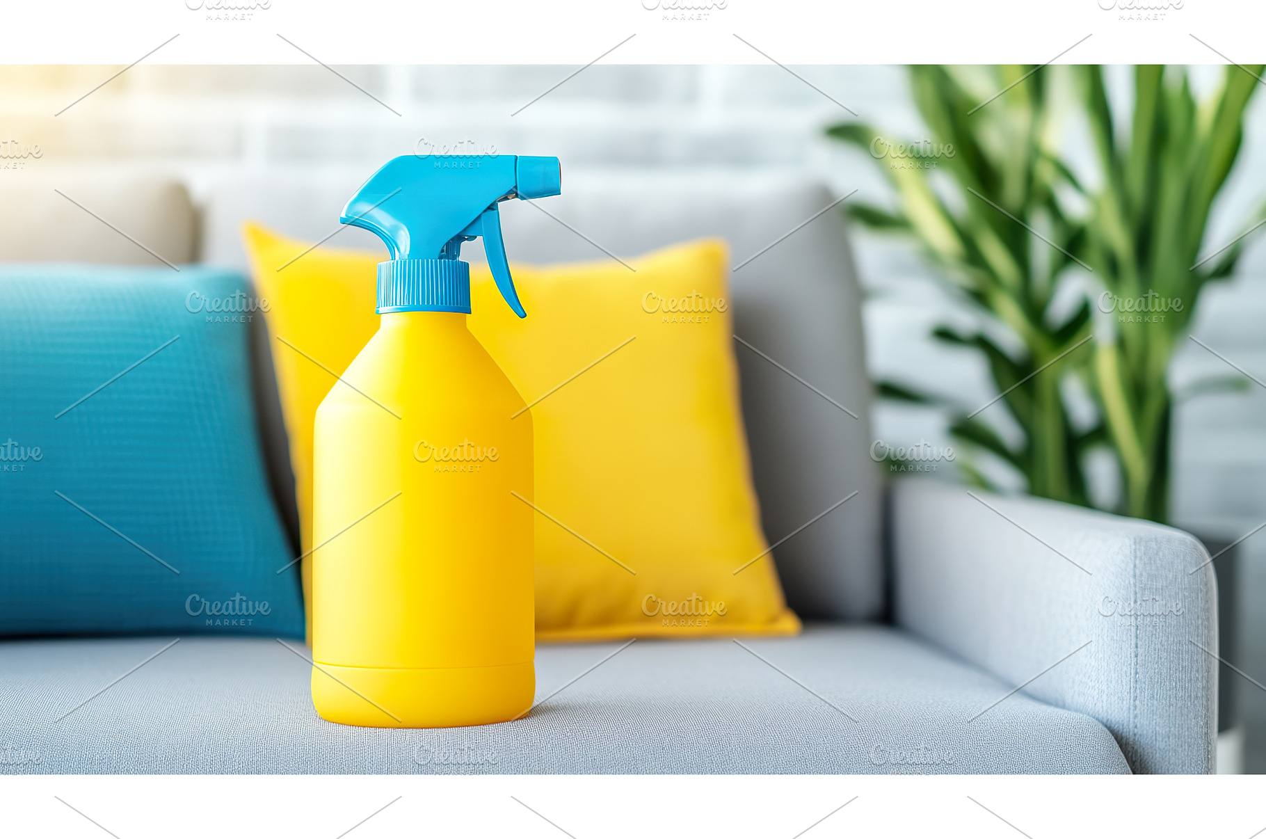 Yellow spray bottle on gray couch, a Nature Photo by Lermont51