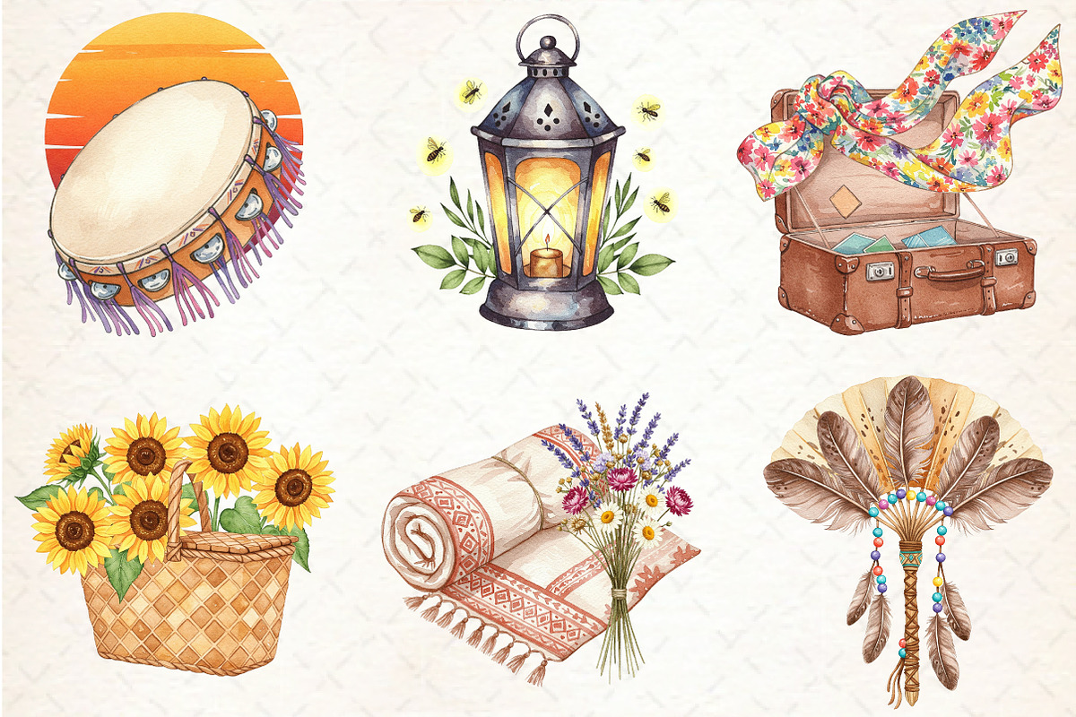 Watercolor Boho Summer Clipart, an Illustration by Libby Wishes (Photo 2 of 7)