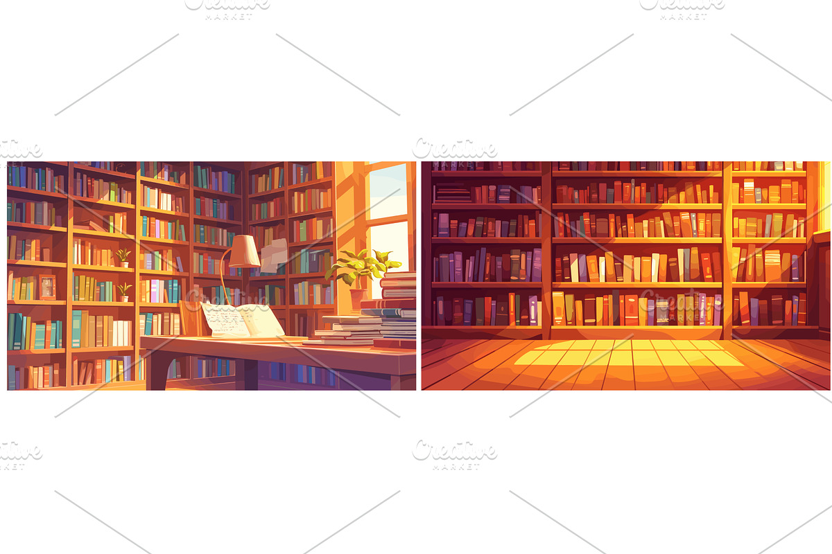 Library background cartoon set, an Object Illustration by Stock-Smart-Start