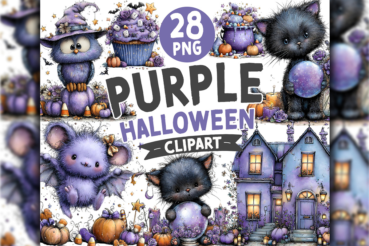 Whimsical Purple Halloween Clipart, a Seasonal Illustration by OK Design (Photo 1 of 6)