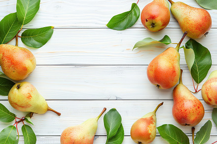 Red pears with leafs and copyspace for text on wooden table, a Food & Drink Photo by AlyaAnd