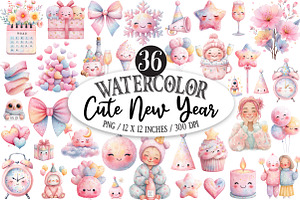 Watercolor Cute New Year Clipart, an Illustration by Designking