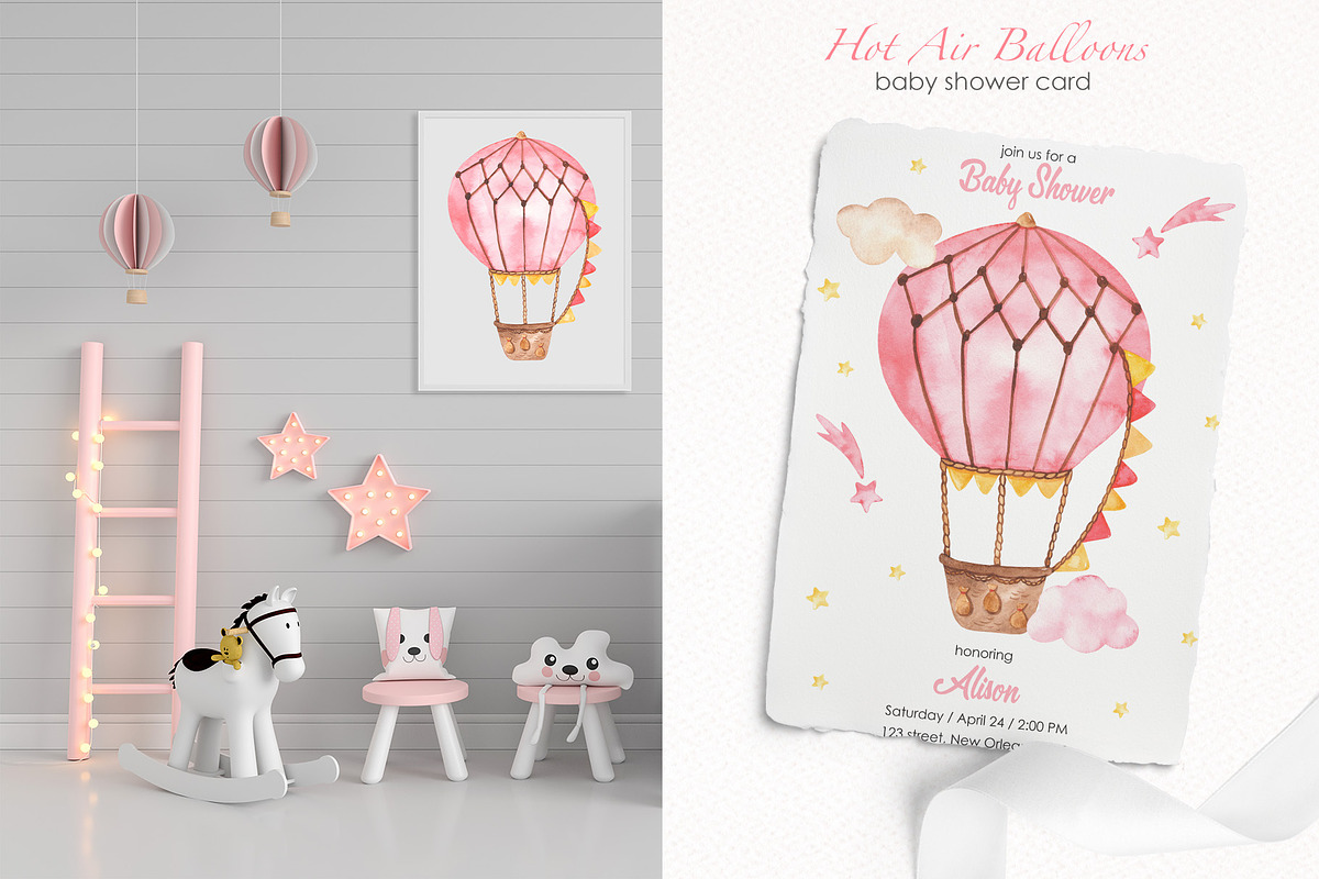 Hot air balloon pink watercolor, a Transportation Illustration by Marina Ermakova (Photo 4 of 9)