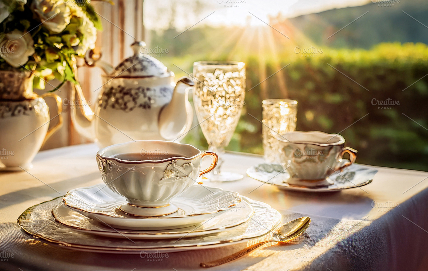 Freshly brewed teacup with elegant vintage glassware, a Food & Drink Photo by Davizro's Market