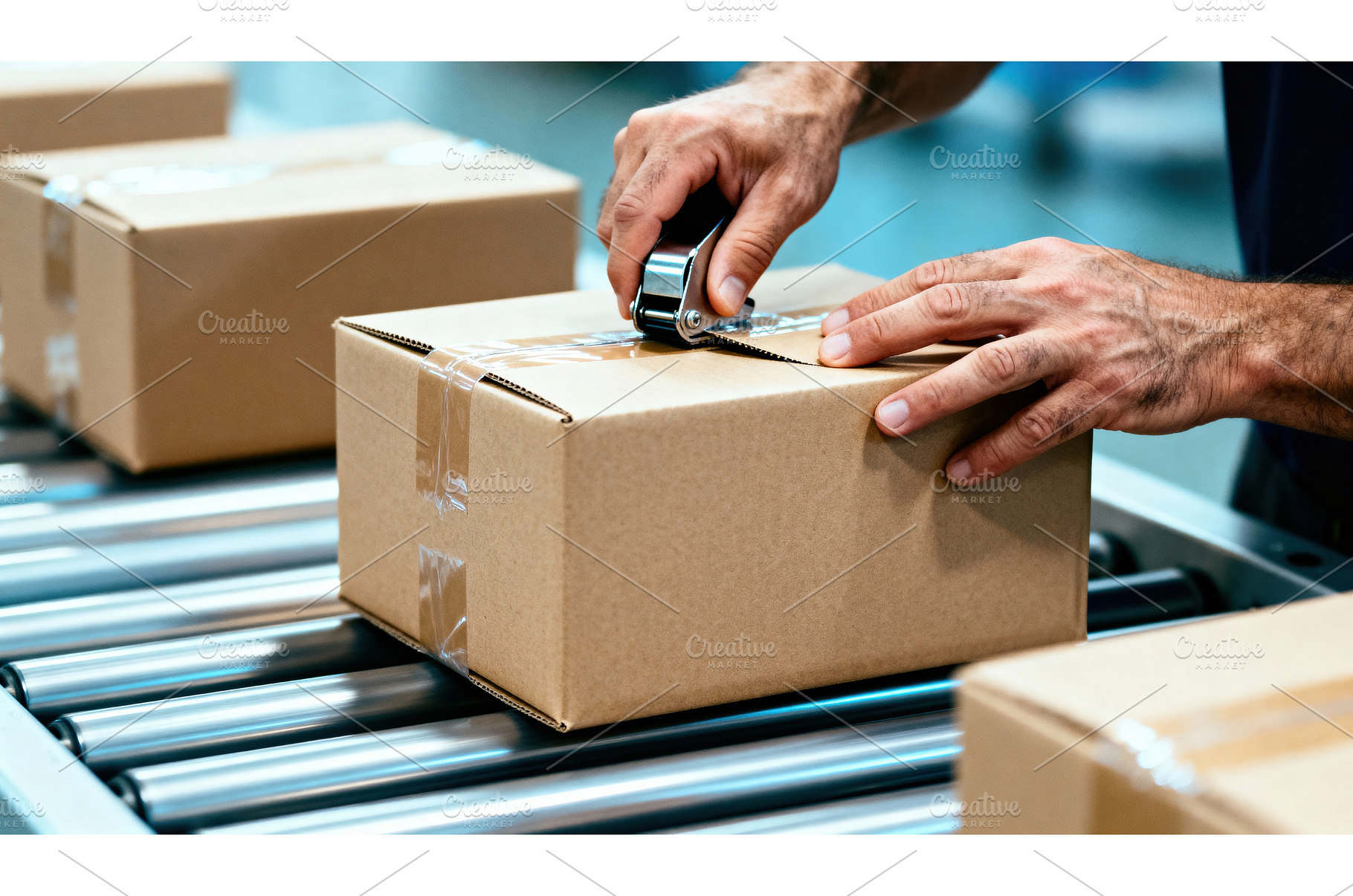 Worker sealing cardboard box on, a Transportation Photo by tilialucida