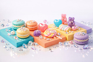 Colorful macarons and lollipops with rhinestones on pastel backg, a Photo by Dvoevnore photos