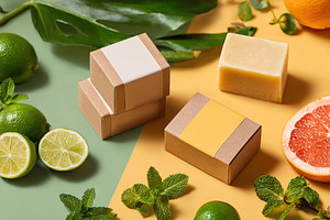 Minimalist soap packaging in vibrant, natural setting with citrus and mint acce, a Photo by AlyaAnd