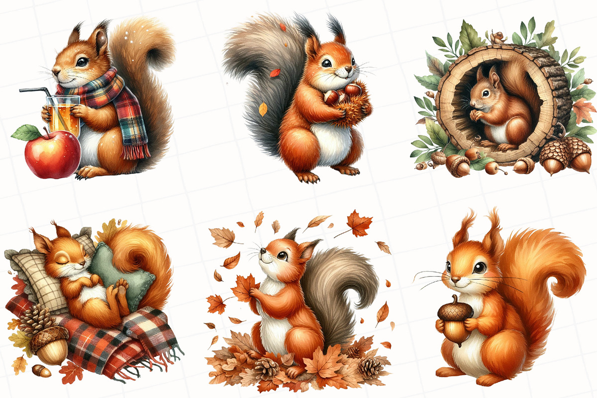 Watercolor Autumn Squirrels Clipart, an Illustration by OK Design (Photo 4 of 5)