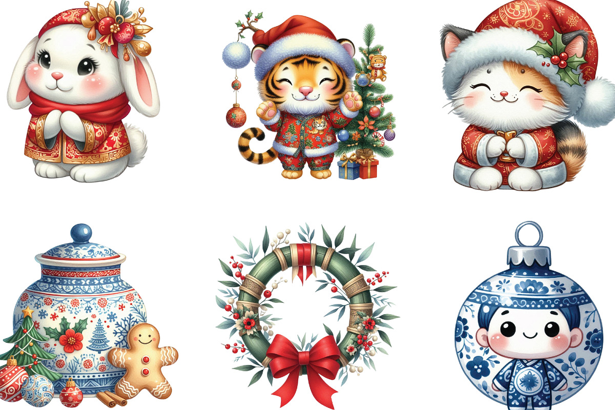 Chinoiserie Christmas Clipart, an Illustration by CraftArtStudio (Photo 2 of 6)