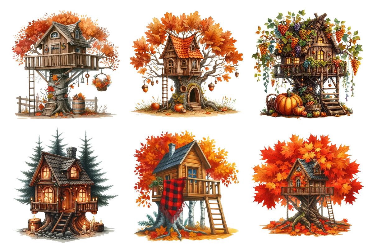 Watercolor Autumn Treehouse Clipart, an Illustration by Daily.Designs (Photo 2 of 5)