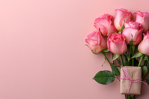 Pink roses bouquet with small gift box on pastel background copy, a Holiday Photo by José Manuel Gelpi