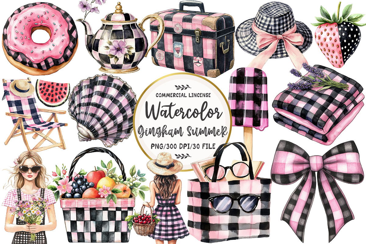 Black And Pink Gingham Summer Clipar, an Illustration by OK Design (Photo 1 of 5)