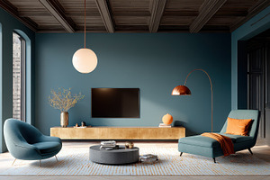 Teal living room modern design luxur, a Photo by Pixeness Studio