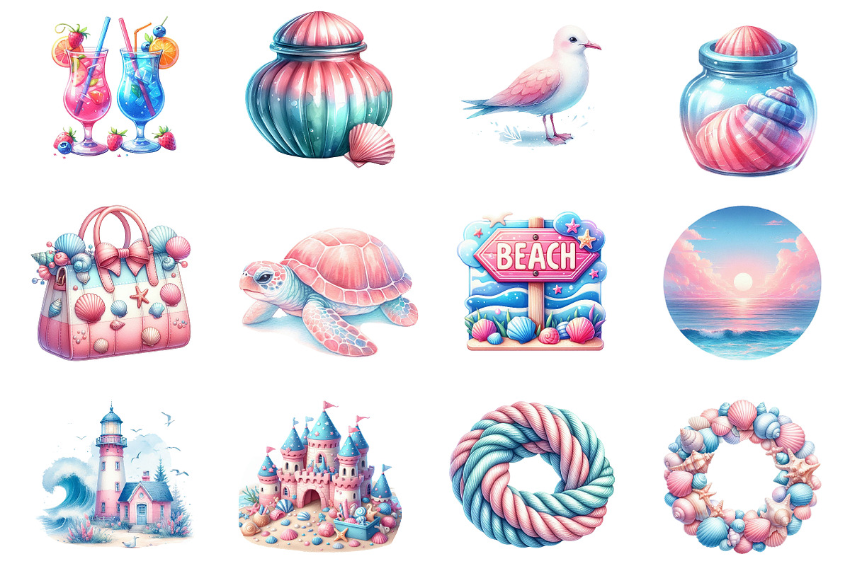 Summer Pink & Blue Coastal Clipart, an Illustration by Dream Creation (Photo 4 of 5)