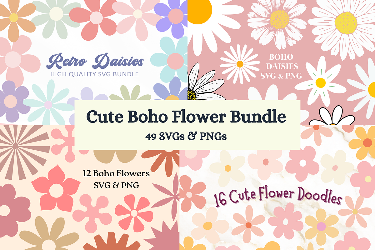 Cute Boho Flower Bundle - SVG PNG, an Object Graphic by Createble (Photo 1 of 6)