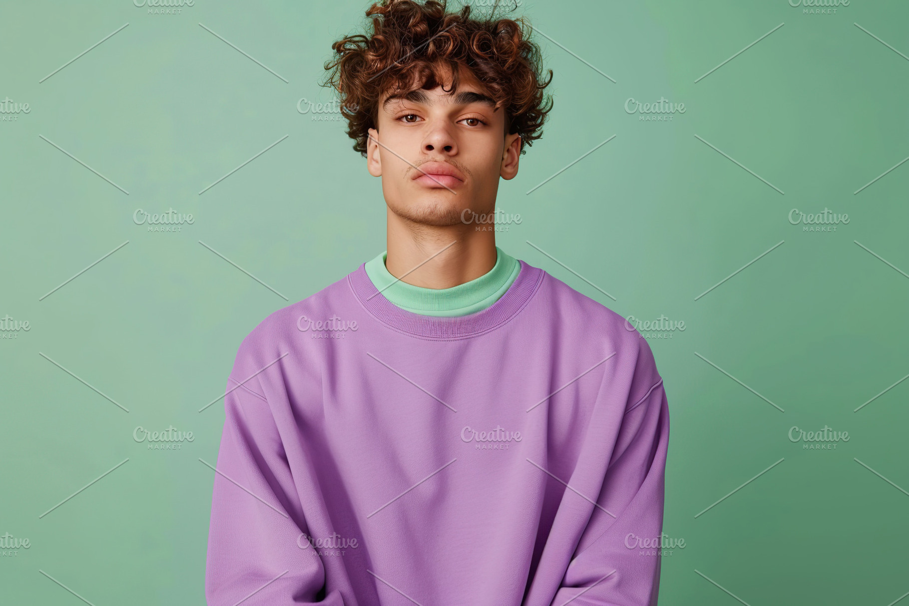 Young attractive man in sweatshirt on green background, a Person Photo by AlyaAnd