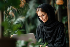Woman in hijab using laptop amidst g, a Photo by Pixeness Studio