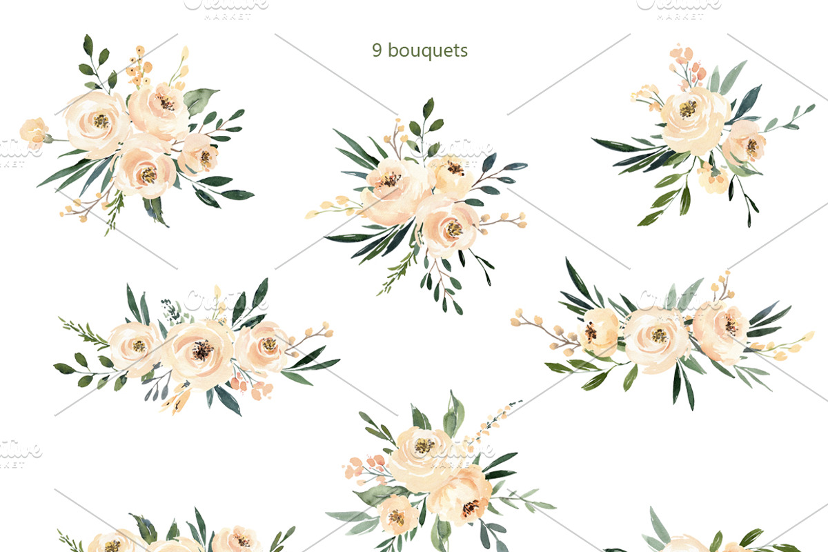 Watercolor Beige Flowers & Leaves, a Decorative Illustration by GraphicsDish (Photo 3 of 5)