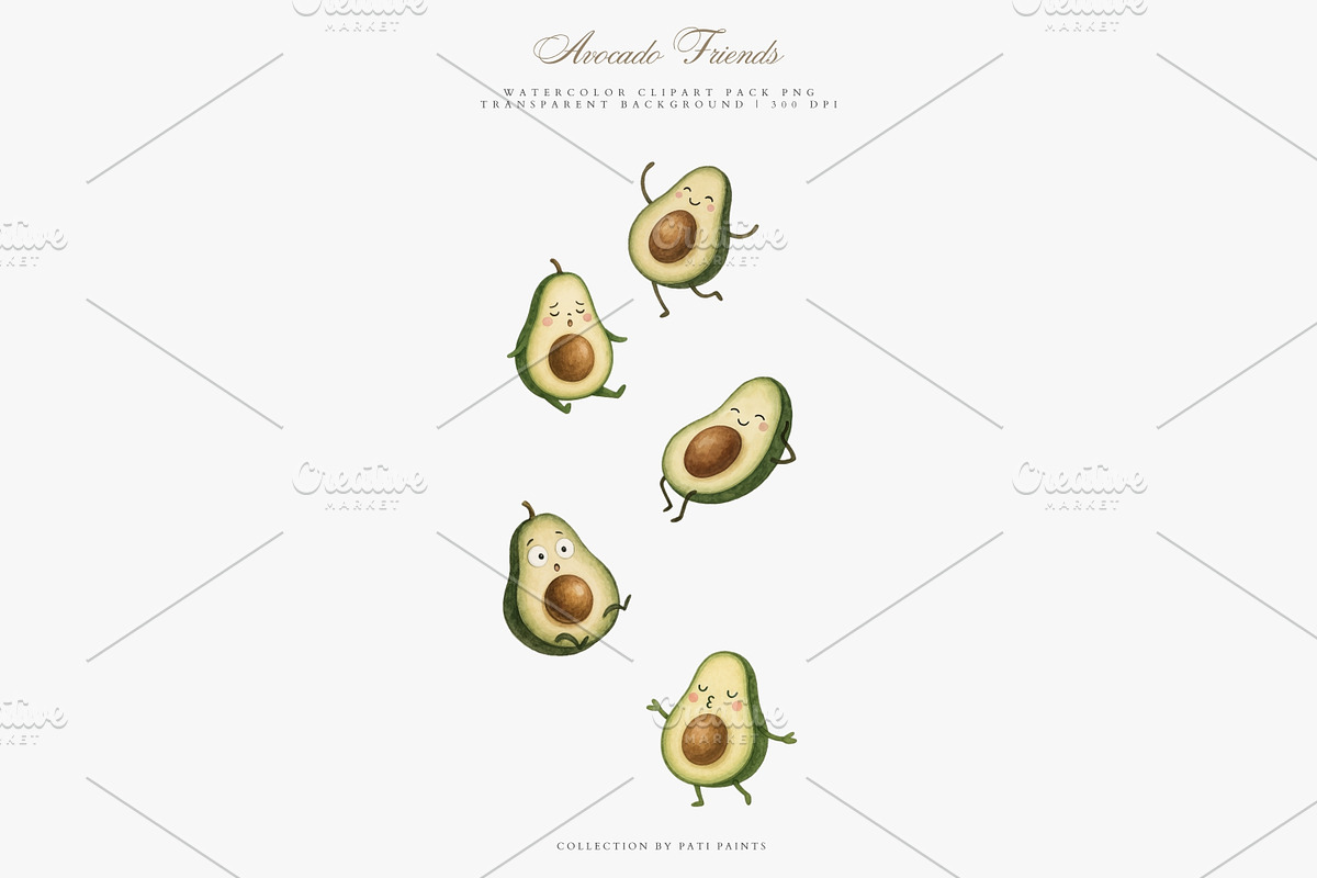 Cute Kawaii Avocado Clipart Set, an Illustration by Pati Paints (Photo 3 of 10)