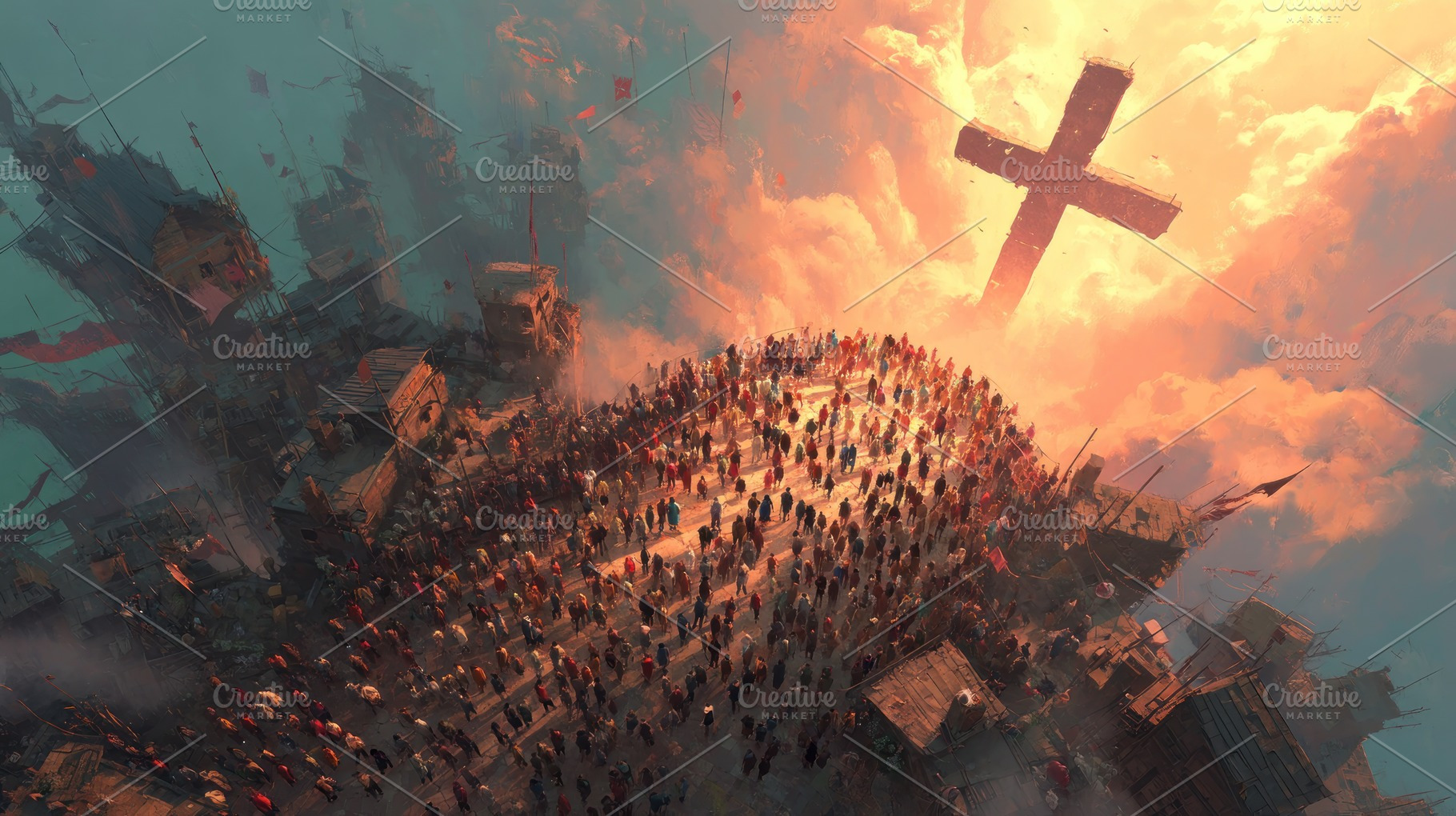 Large crowd facing glowing cross in sky above dystopian slum cit, a Person Photo by José Manuel Gelpi