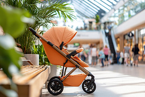 Stroller parked in a busy shopping mall filled with families and shoppers enjoy, a Photo by AlyaAnd