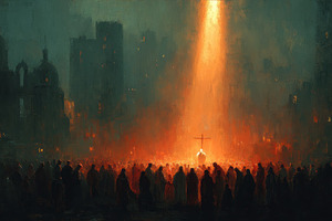 Crowd gathered in dark city before glowing cross under dramatic, a Person Photo by José Manuel Gelpi
