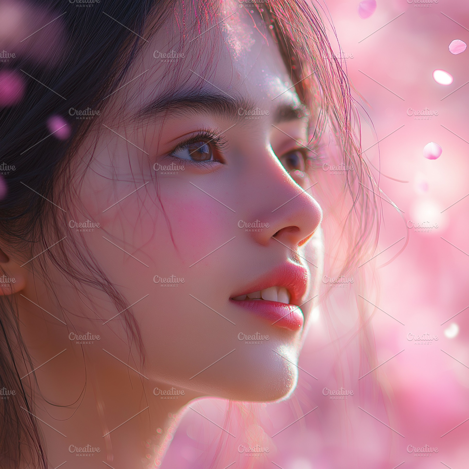 A young Asian woman gazes thoughtfully amidst a blur of pink petals, capturing, a Background Photo by ImageMir