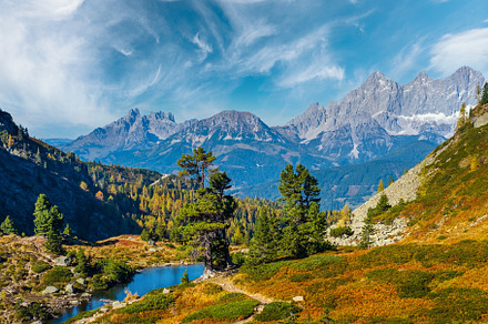 Autumn Alps mountain lake Spiegelsee or Mittersee or Mirror Lake, a Nature Photo by YuriyB