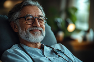 Smiling senior man with glasses in r, a Photo by Tanuart