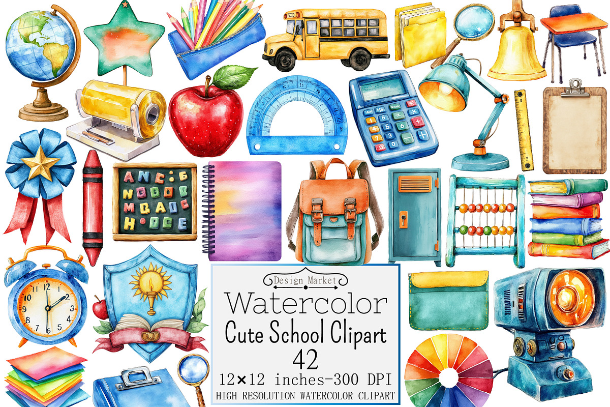 Watercolo Cute School Clipart, a Seasonal Illustration by Design Market (Photo 1 of 5)