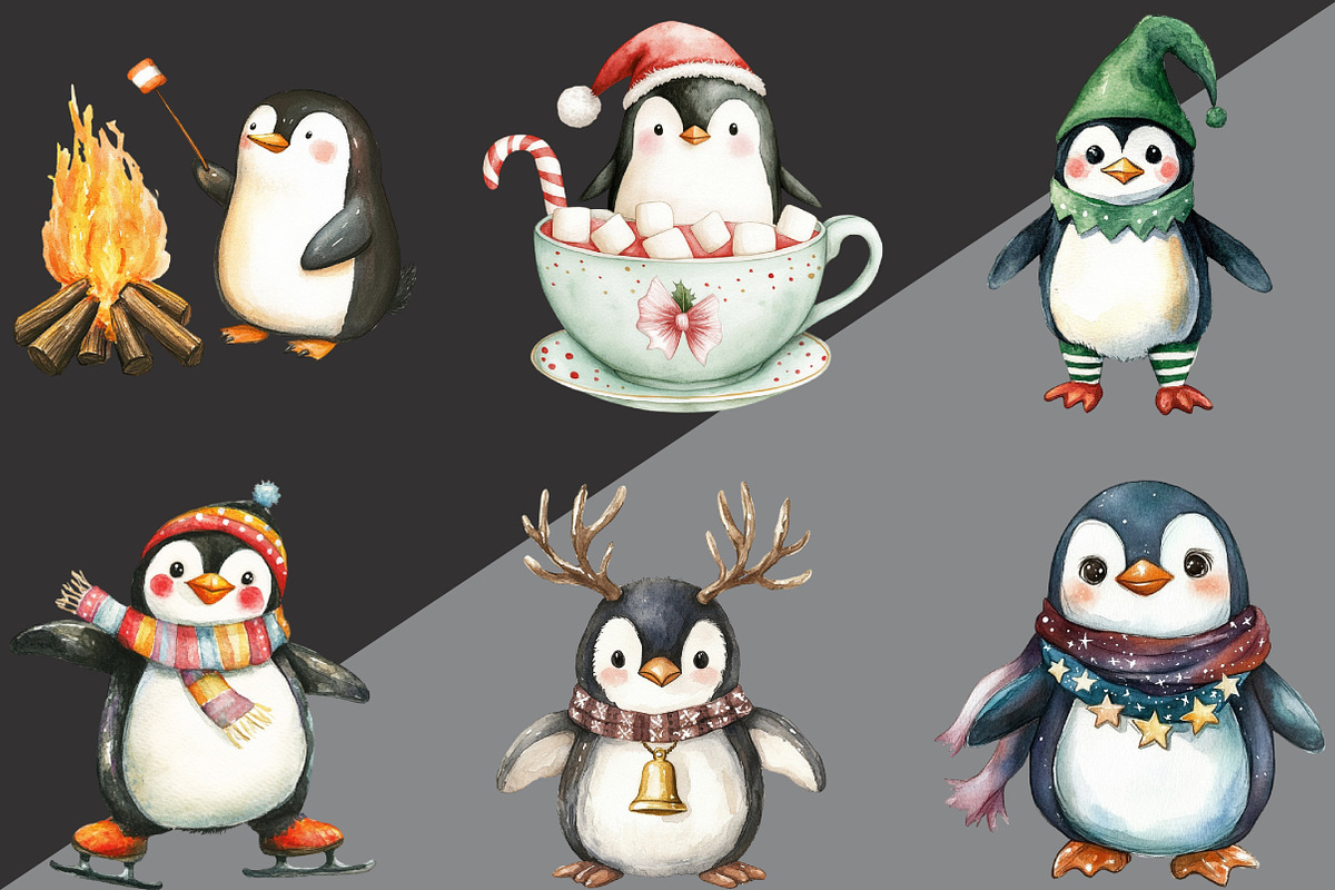 Watercolor Christmas Penguin Clipart, an Illustration by Black Bird Studio (Photo 4 of 6)