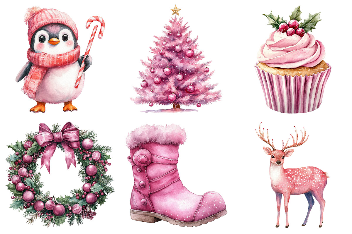 Watercolor Pink Christmas Clipart Bu, an Illustration by Daily.Designs (Photo 3 of 5)