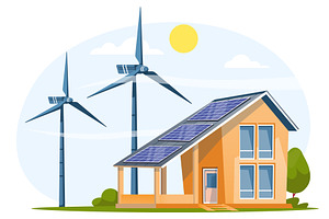 Solar panels on roof of house with, an Object Illustration by Vectorbuum