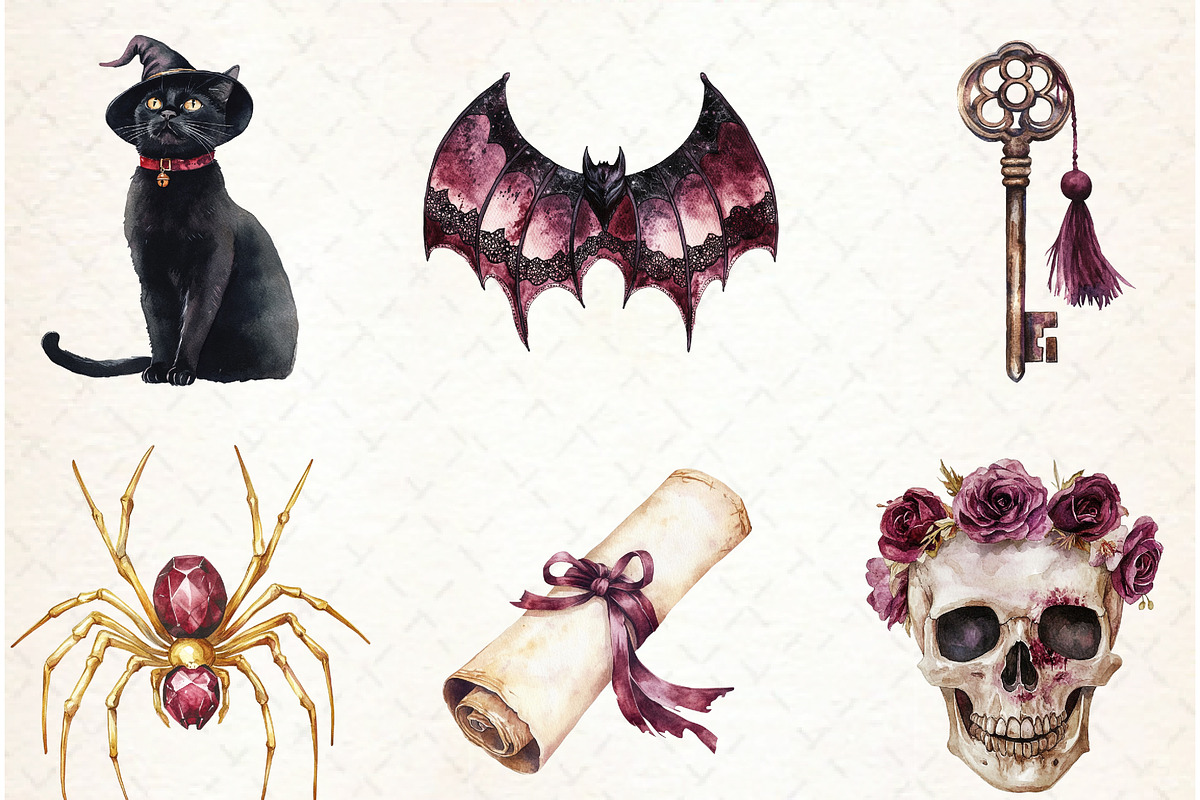 Watercolor Burgundy Halloween Clipar, an Illustration by Libby Wishes (Photo 7 of 11)