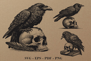Raven and Skull Engraving Bundle, an Illustration by DevantCreate