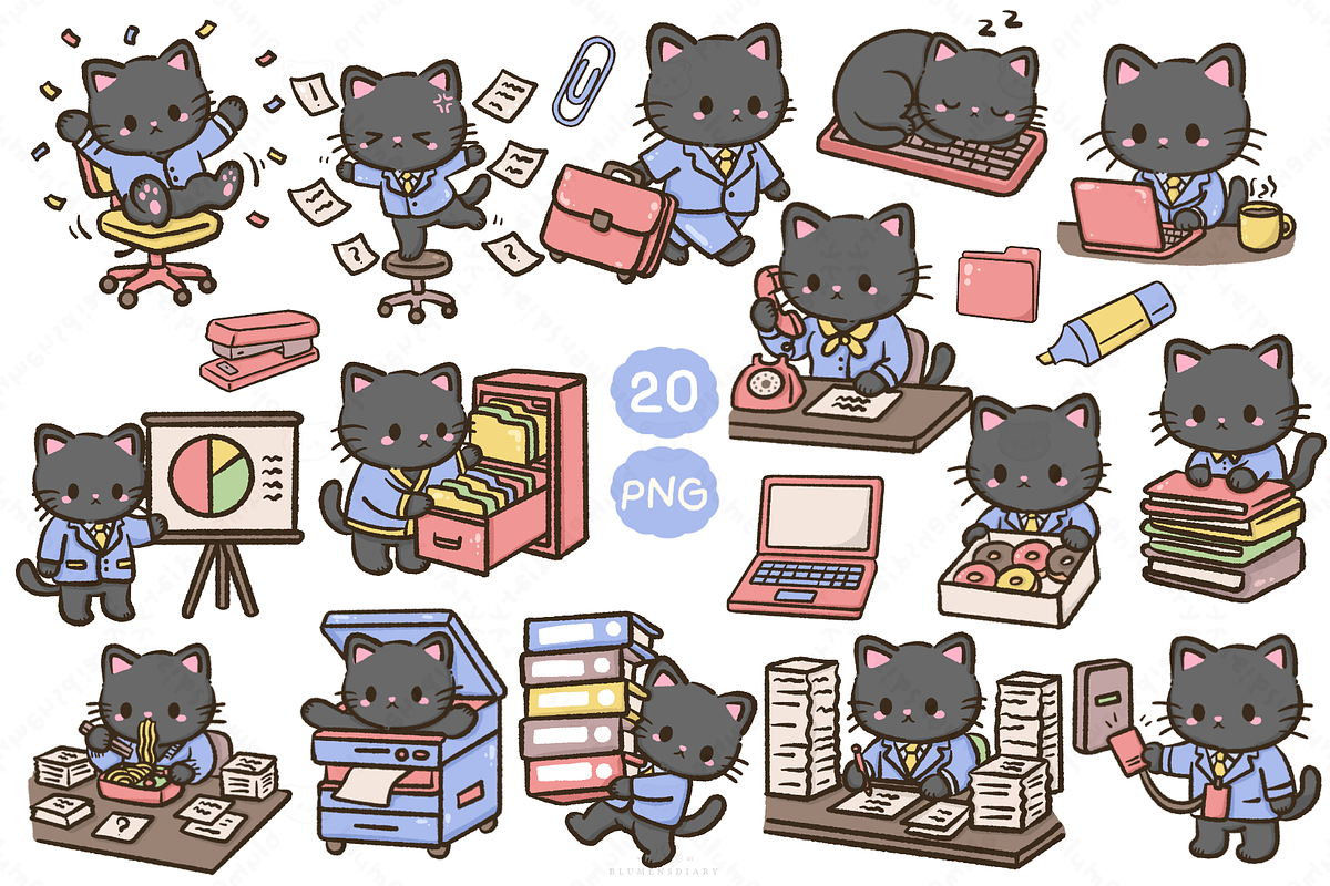 Kawaii black cat office life clipart, an Animal Illustration by Blumensdiary (Photo 2 of 6)