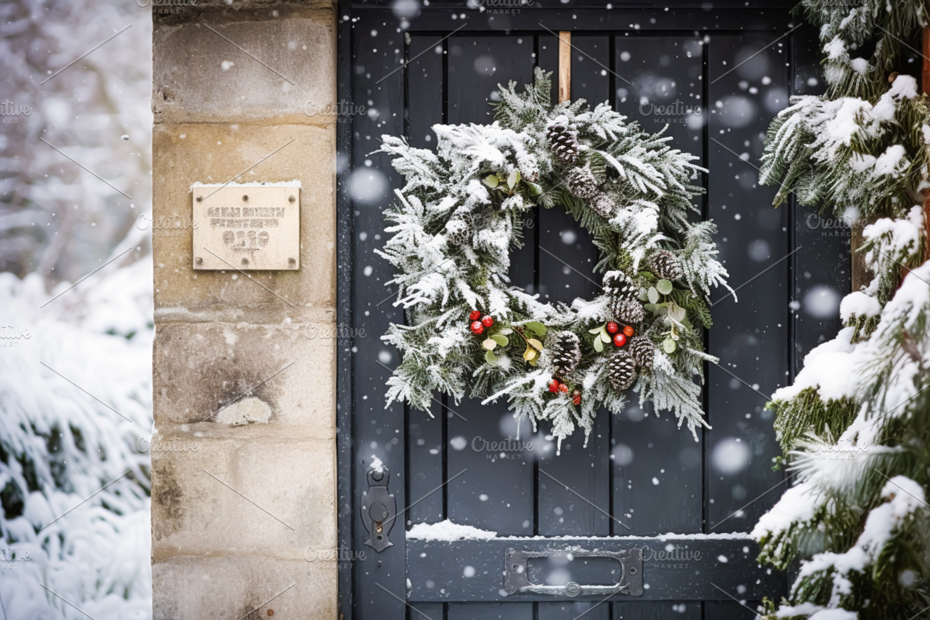 Christmas holiday, country cottage and snowing winter, wreath de, a Holiday Photo by Studio ANNA