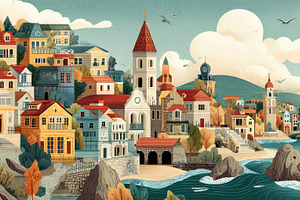 Homes nestle on coastal hills, a Photo by Pavel_design