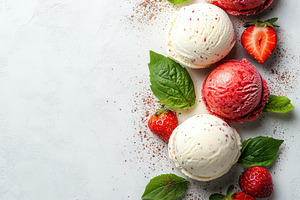 Fresh fruit, scoops of colorful crea, a Food & Drink Photo by Pixeness Studio
